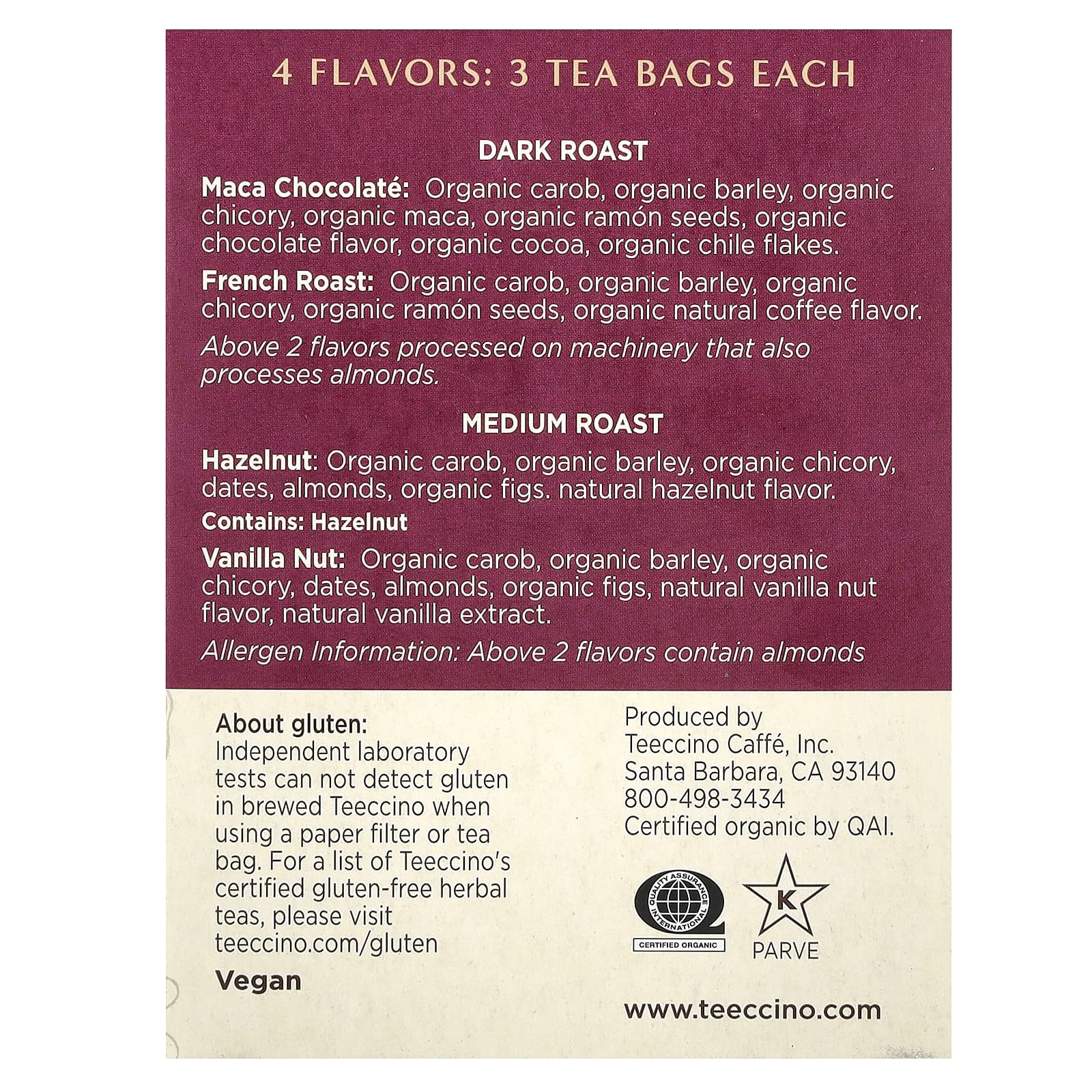 Teeccino, Roasted Herbal Tea Sampler, 4 Flavors, Caffeine Free, 12 Tea Bags, 2.54 oz (72 g) - Image 2