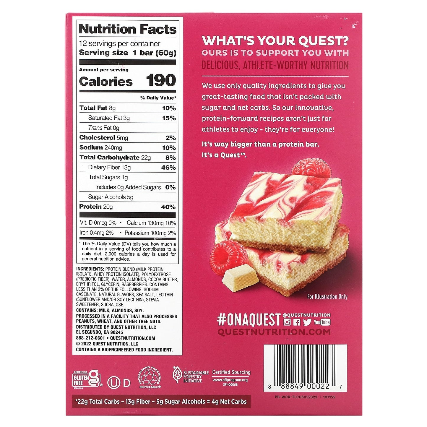 Quest Nutrition, Protein Bar, White Chocolate Raspberry, 12 Bars, 2.12 oz (60 g) Each - Image 2