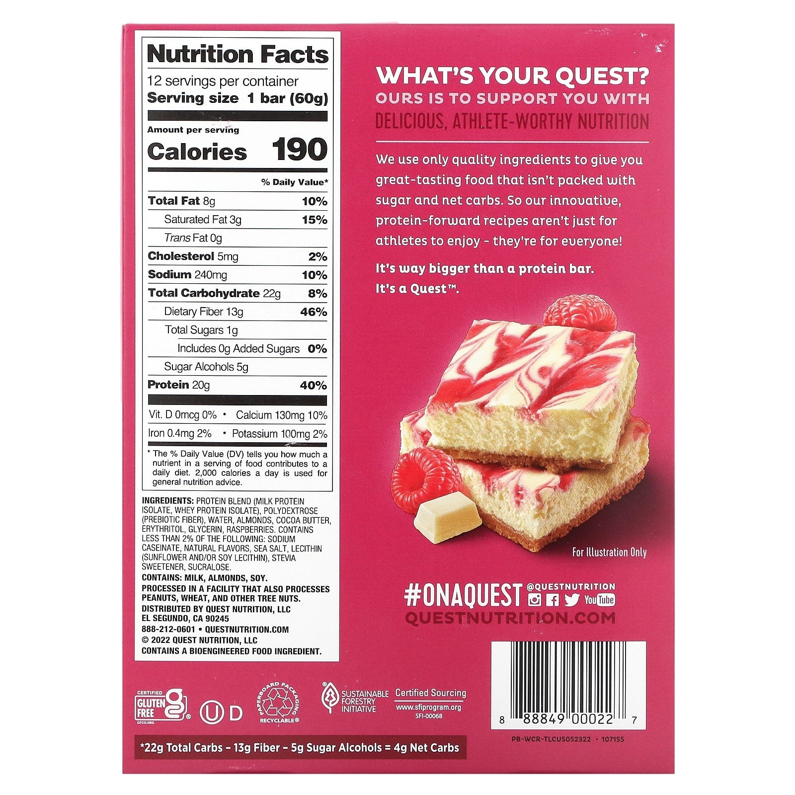 Quest Nutrition, Protein Bar, White Chocolate Raspberry, 12 Bars, 2.12 oz (60 g) Each - Image 2
