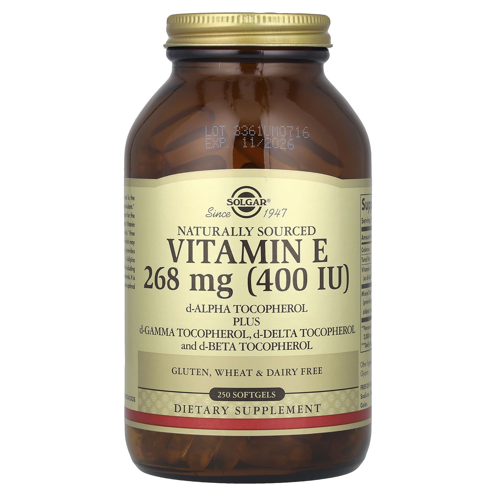 Solgar, Vitamin E, d-Alpha Tocopherol Plus d-Gamma Tocopherol, d-Delta Tocopherol and d-Beta Tocopherol, 250 Softgels - Image 1
