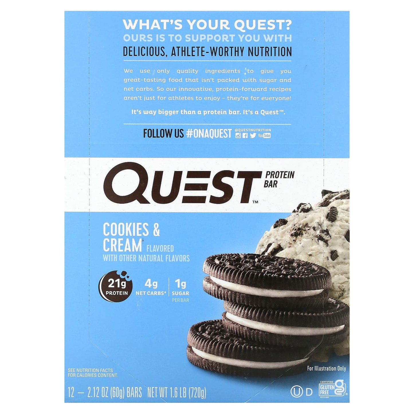 Quest Nutrition, Protein Bar, Cookies & Cream, 12 Bars, 2.12 oz (60 g) Each - Image 1