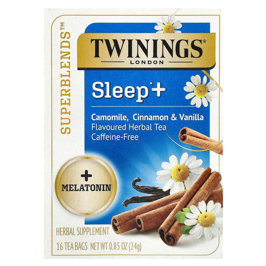 Twinings, Sleep+ with Melatonin Herbal Tea, Camomile, Cinnamon & Vanilla, Caffeine Free, 16 Tea Bags, 0.85 oz (24 g) - Image 1