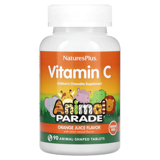NaturesPlus, Animal Parade, Vitamin C, Children's Chewable Supplement, Sugar Free, Orange Juice, 90 Animal-Shaped Tablets - Image 1