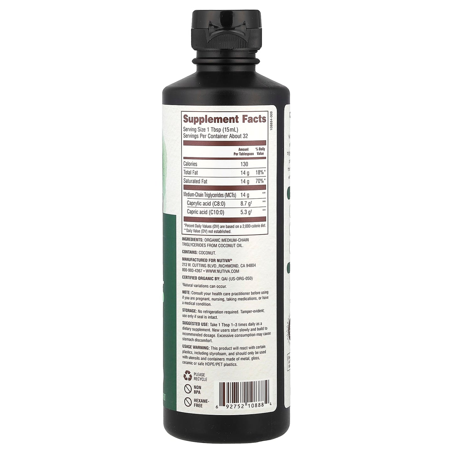 Nutiva, Organic MCT Oil, 16 fl oz (473 ml) - Image 2