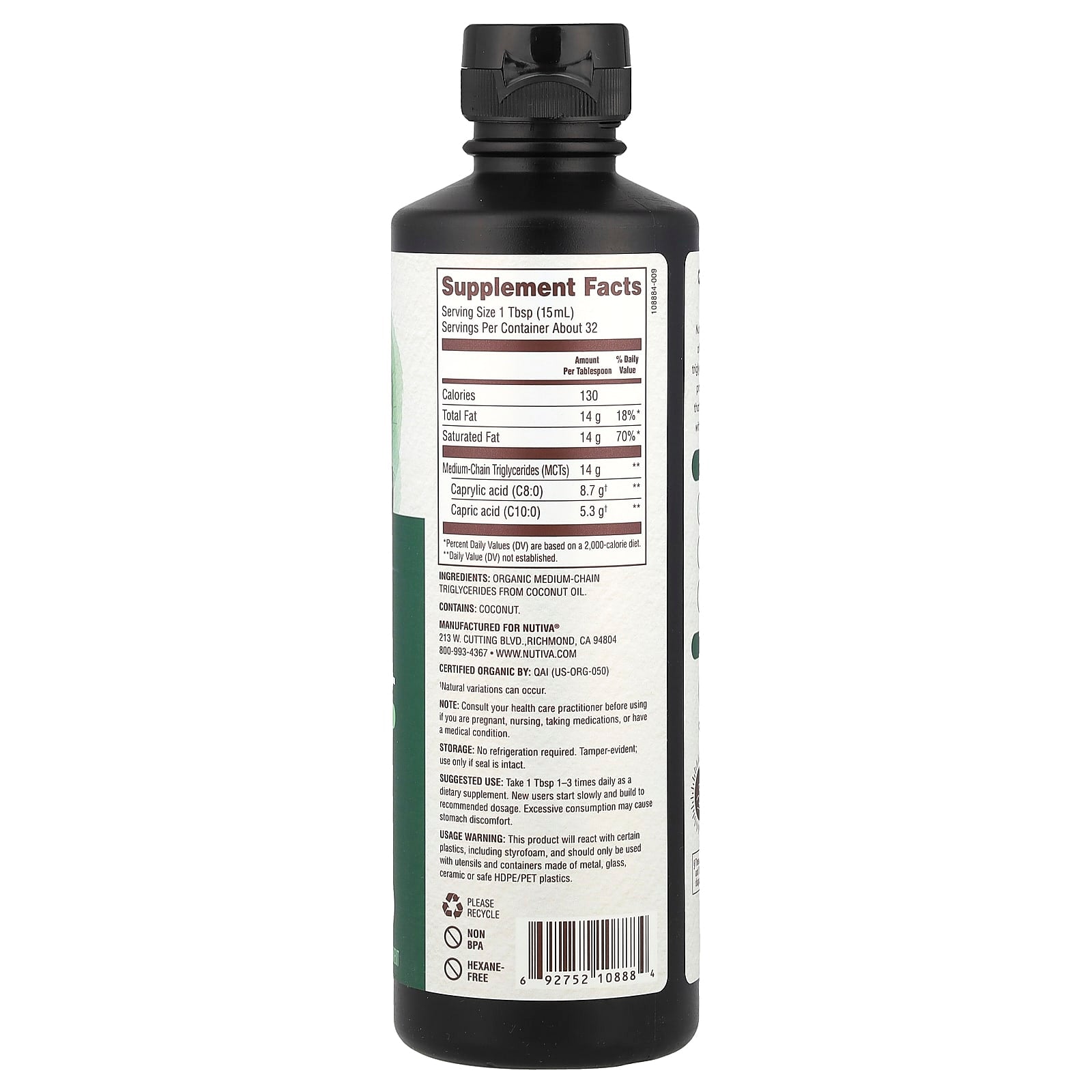 Nutiva, Organic MCT Oil, 16 fl oz (473 ml) - Image 2