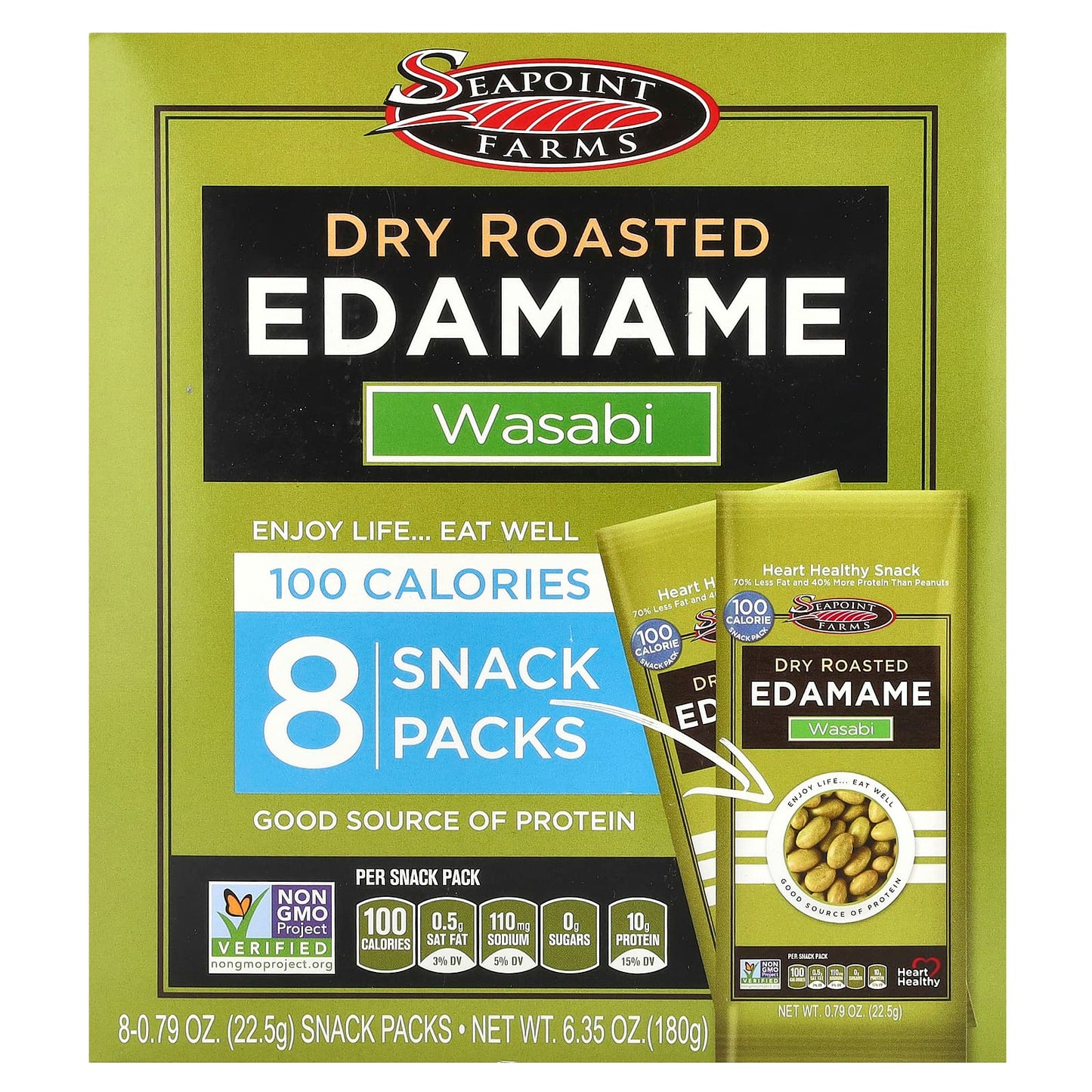 Seapoint Farms, Dry Roasted Edamame, Wasabi, 8 Snack Packs, 0.79 oz (22.5 g) Each - Image 1