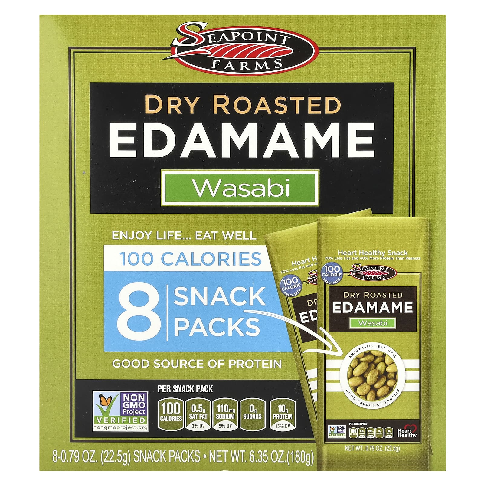 Seapoint Farms, Dry Roasted Edamame, Wasabi, 8 Snack Packs, 0.79 oz (22.5 g) Each - Image 1