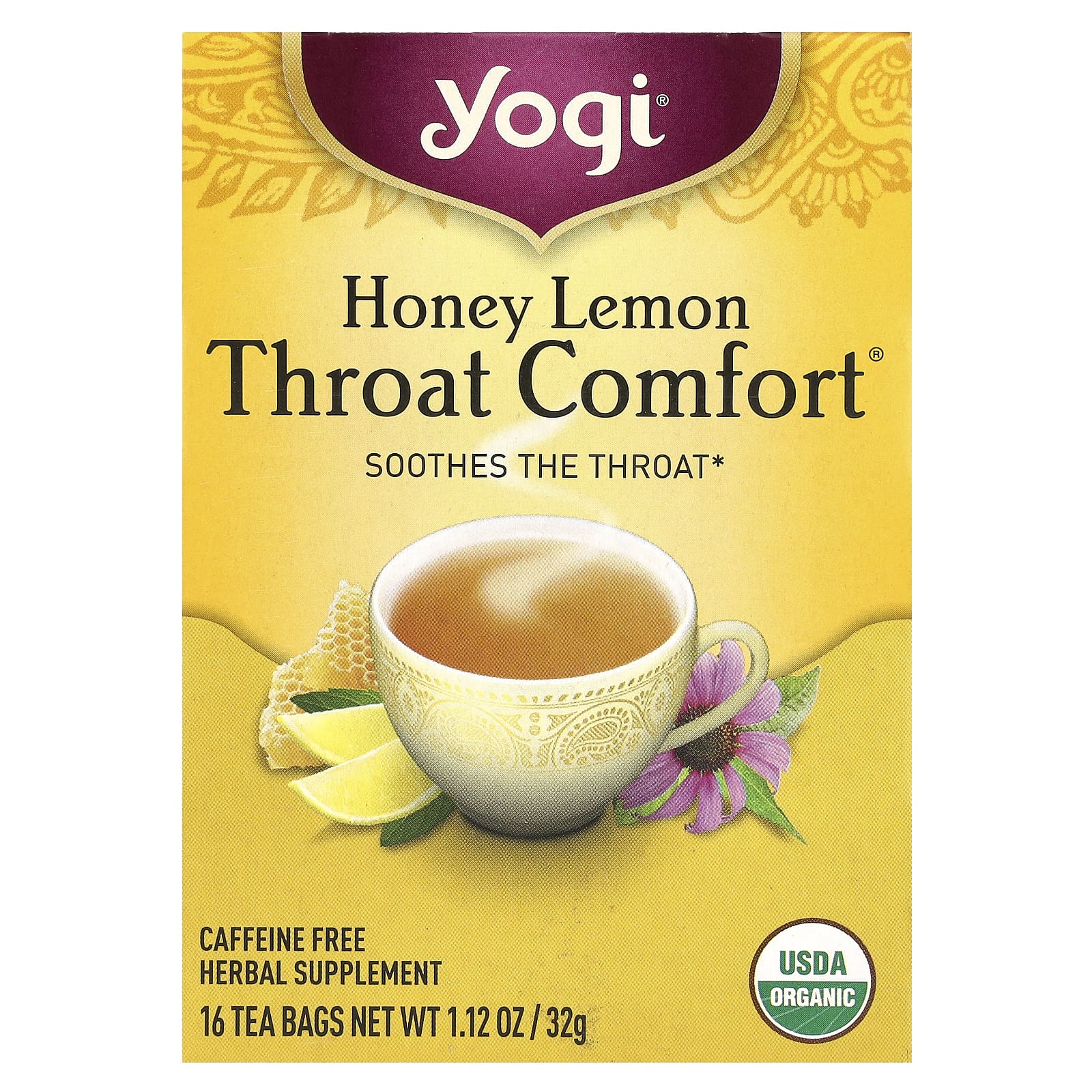 Yogi Tea, Throat Comfort®, Honey Lemon, Caffeine Free, 16 Tea Bags, 1.12 oz (32 g) - Image 1