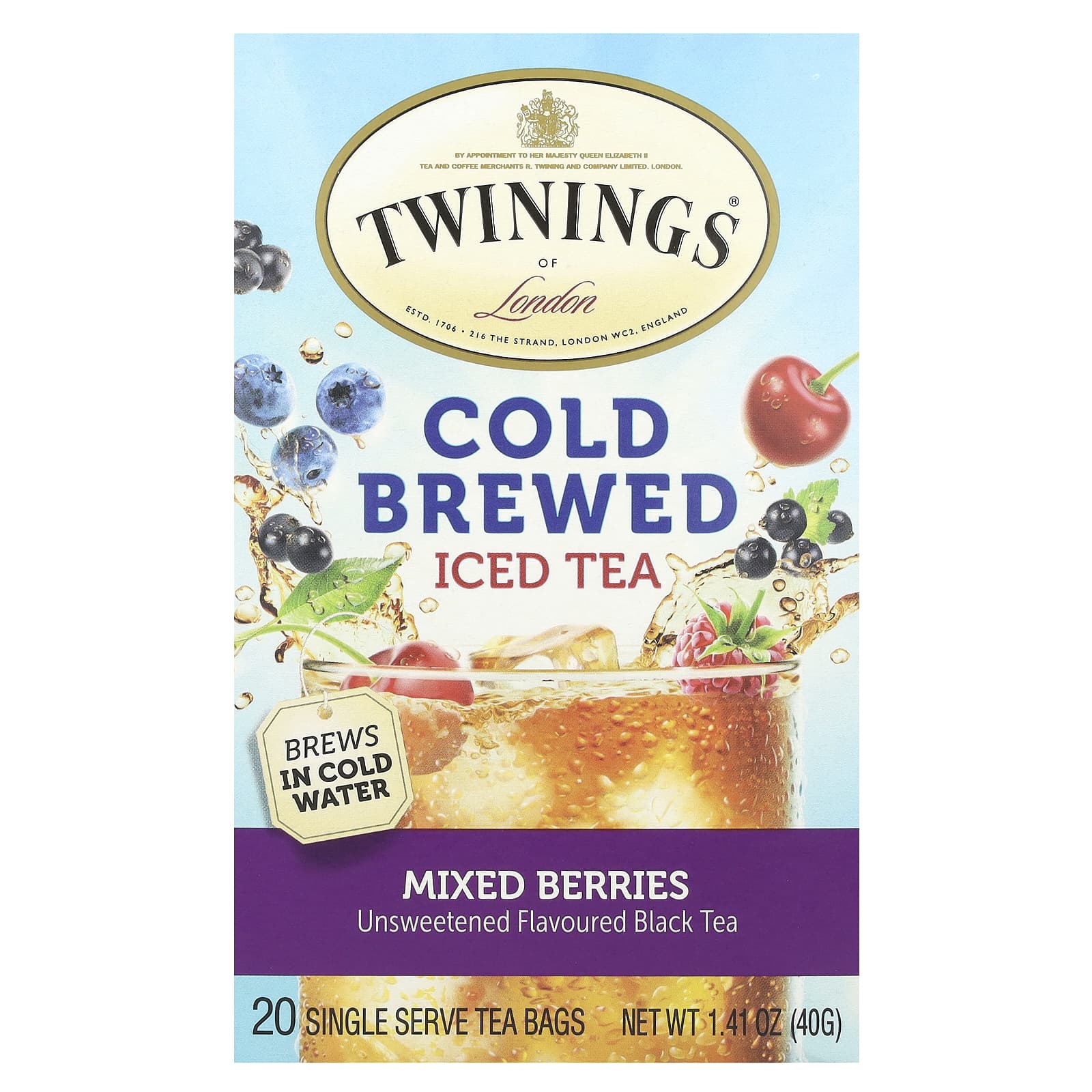 Twinings, Cold Brewed Iced Tea, Black Tea, Unsweetened, Mixed Berries, 20 Single Serve Tea Bags, 1.41 oz (40 g) - Image 1