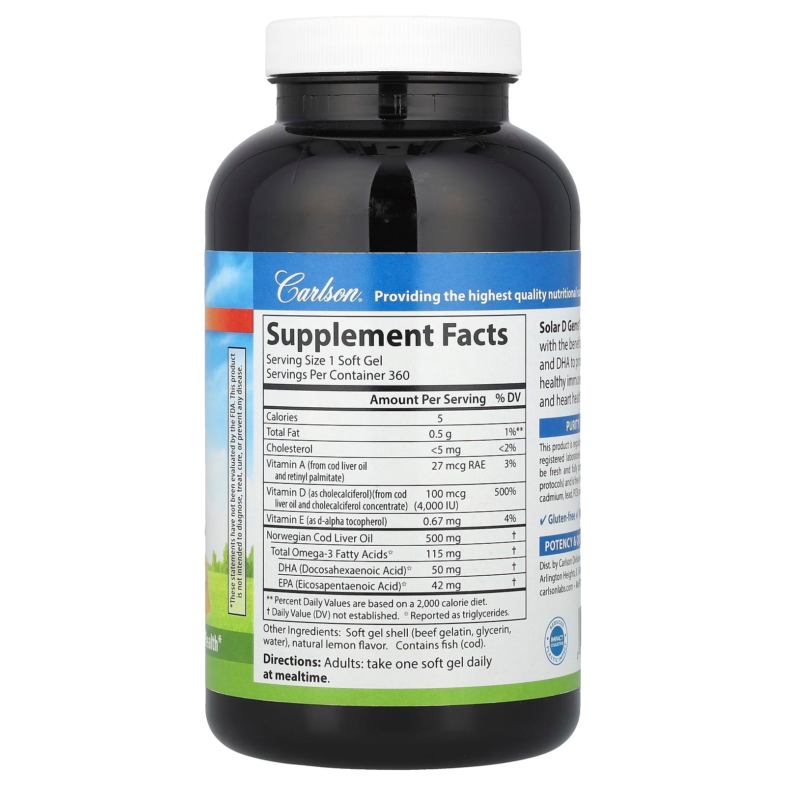 Carlson Solar D Gems Vitamin D3 Omega-3s, Natural Lemon, 360 Soft Gels - Image 2