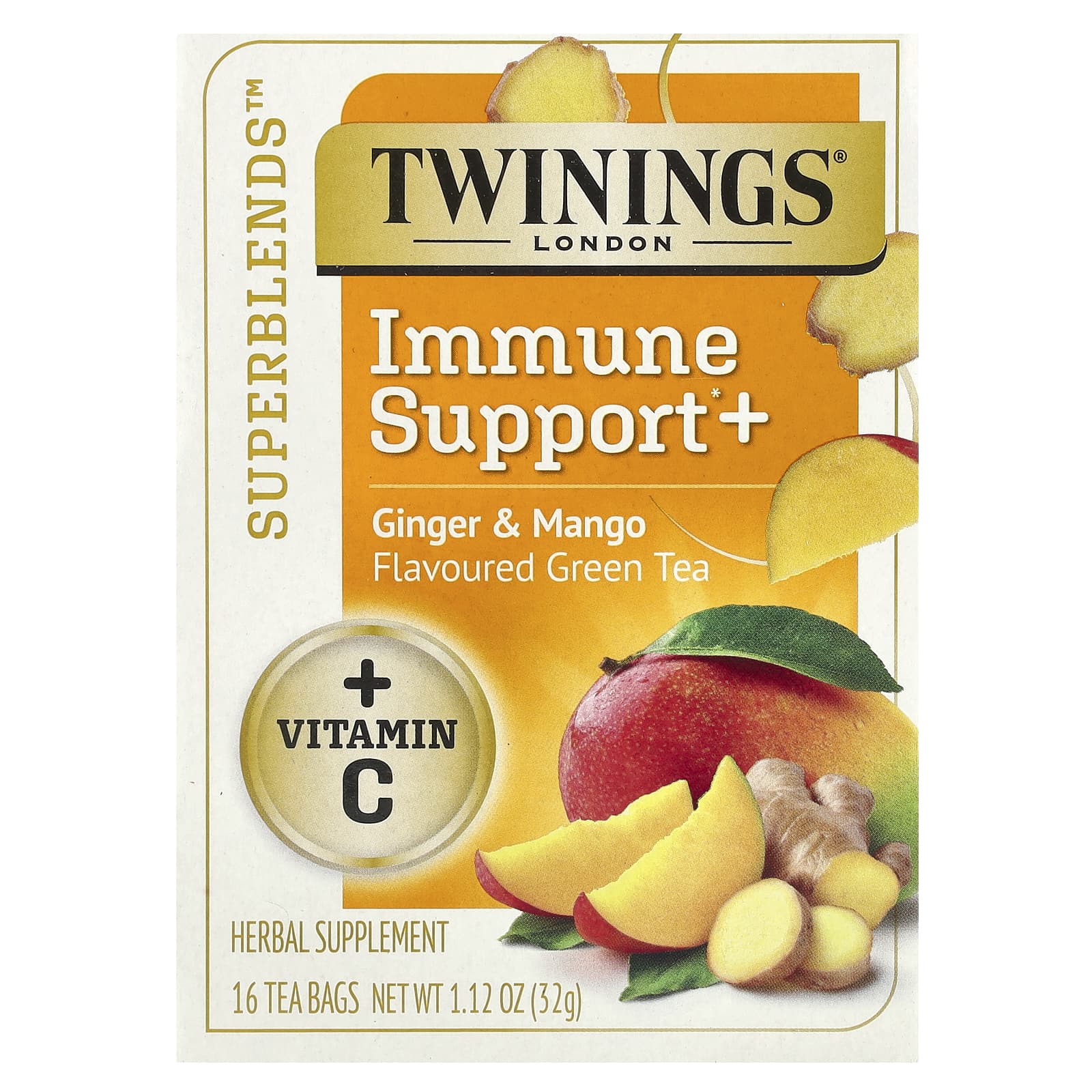 Twinings, Superblends™, Immune Support+ Green Tea, Ginger & Mango, 16 Tea Bags, 1.12 oz (32 g) - Image 1