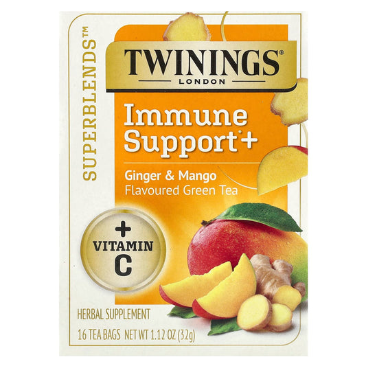 Twinings, Superblends™, Immune Support+ Green Tea, Ginger & Mango, 16 Tea Bags, 1.12 oz (32 g) - Image 1