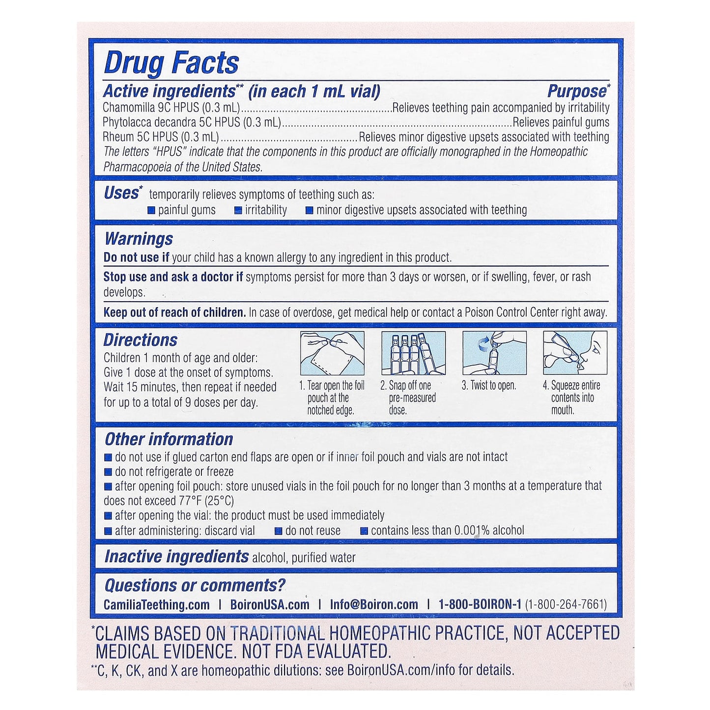 Boiron, Camilia®, Liquid Doses, Teething Relief, 1 Months +, 15 Doses, .034 fl oz (1 ml) Each