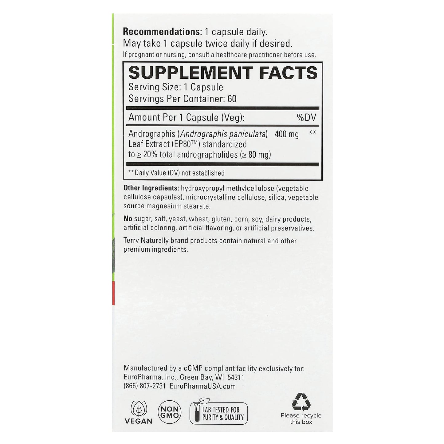 Terry Naturally, Andrographis EP80, Extra Strength, 400 mg, 60 Capsules - Image 2