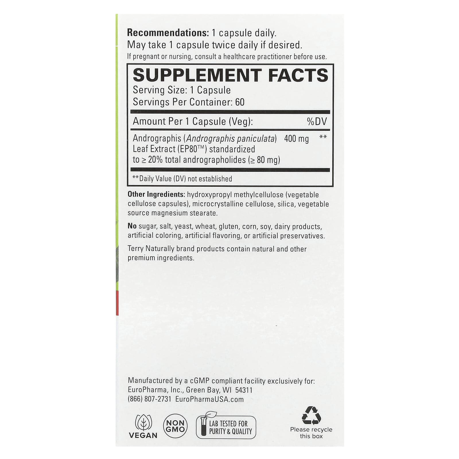 Terry Naturally, Andrographis EP80, Extra Strength, 400 mg, 60 Capsules - Image 2