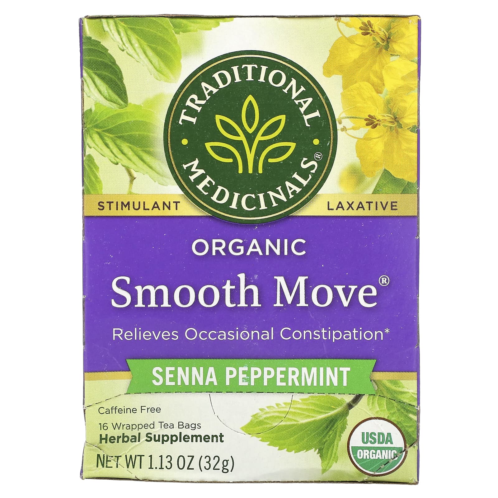 Traditional Medicinals, Organic Smooth Move, Senna Peppermint, Caffeine Free, 16 Wrapped Tea Bags, 1.13 oz (32 g) - Image 1