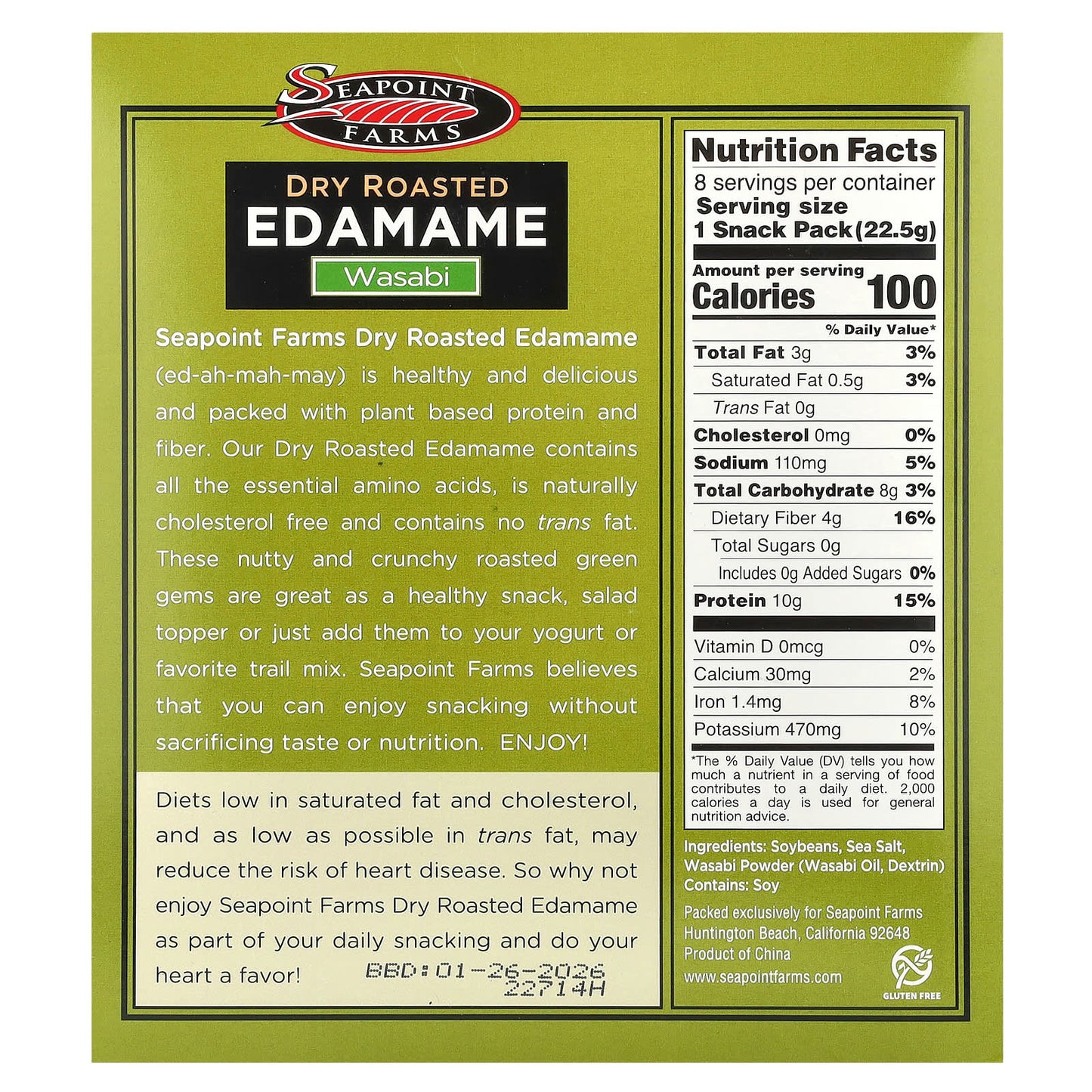 Seapoint Farms, Dry Roasted Edamame, Wasabi, 8 Snack Packs, 0.79 oz (22.5 g) Each - Image 2