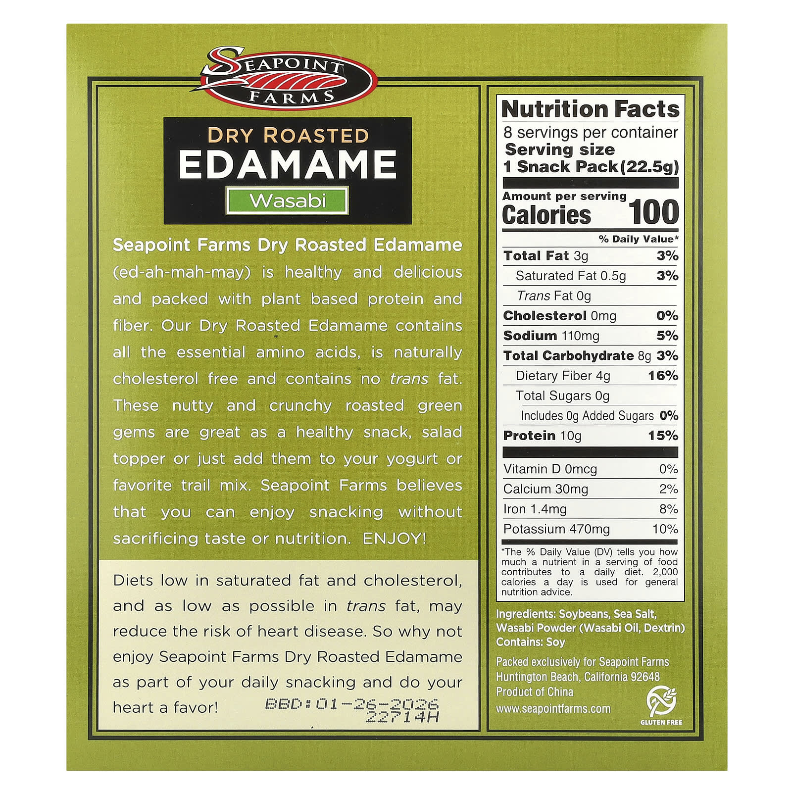Seapoint Farms, Dry Roasted Edamame, Wasabi, 8 Snack Packs, 0.79 oz (22.5 g) Each - Image 2