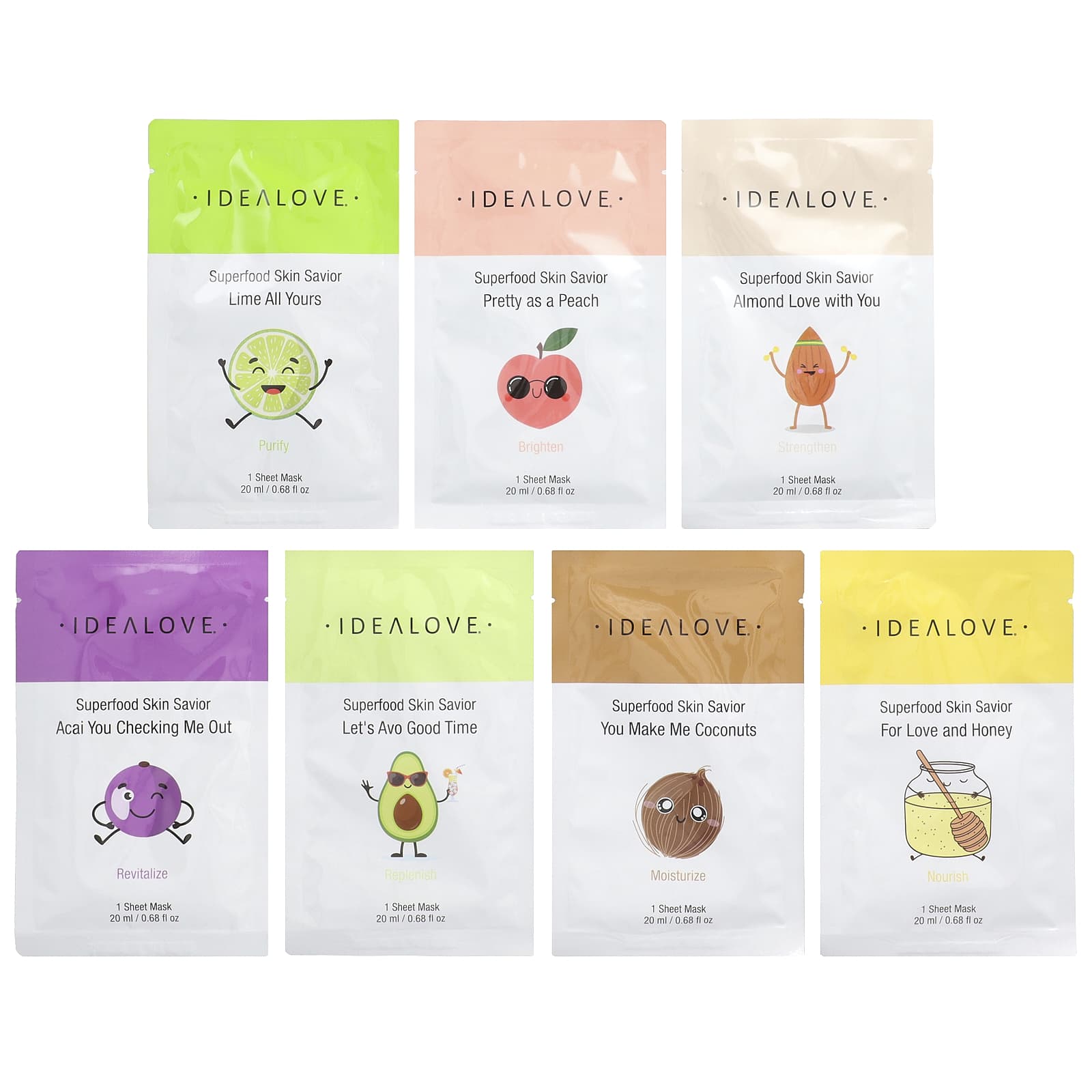 Idealove Superfood Skin Savior Variety Pack - 7 Sheet Masks for Glowing Skin - Image 1