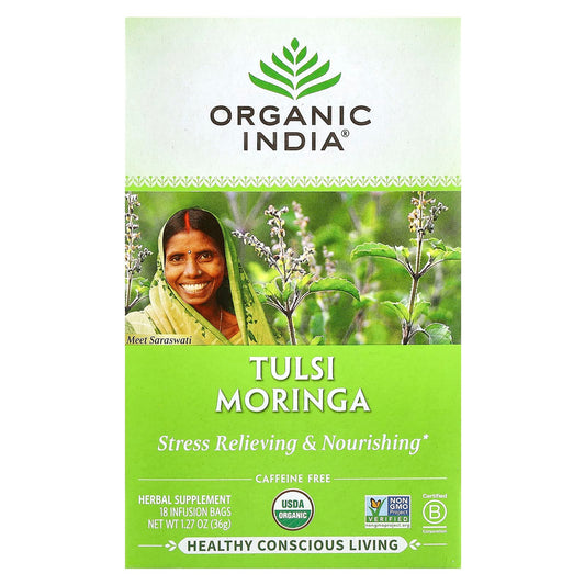 Organic India, Tea, Tulsi Moringa, Caffeine Free, 18 Infusion Bags, 1.27 oz (36 g) - Image 1