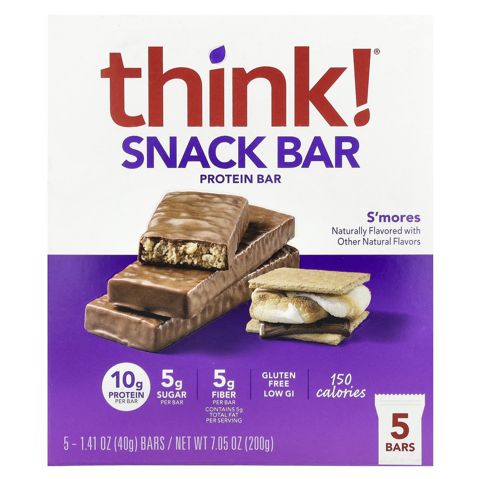 Think !, Snack Protein Bar, S'Mores, 5 Bars, 1.41 oz (40 g) Each - Image 1