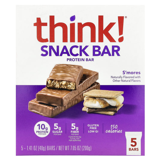 Think !, Snack Protein Bar, S'Mores, 5 Bars, 1.41 oz (40 g) Each - Image 1