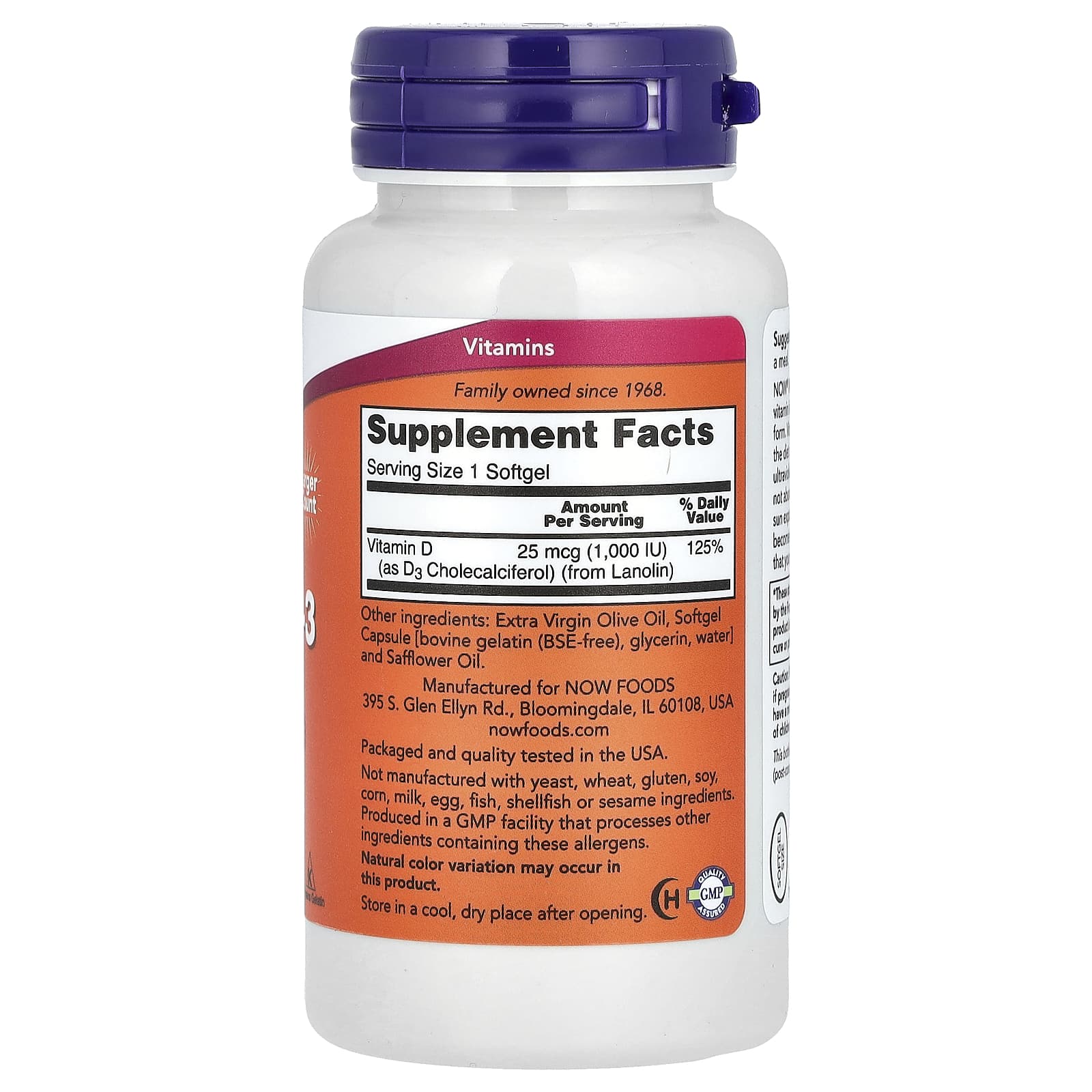 NOW Foods, Vitamin D-3, High Potency, 1,000 IU, 360 Softgels - Image 2