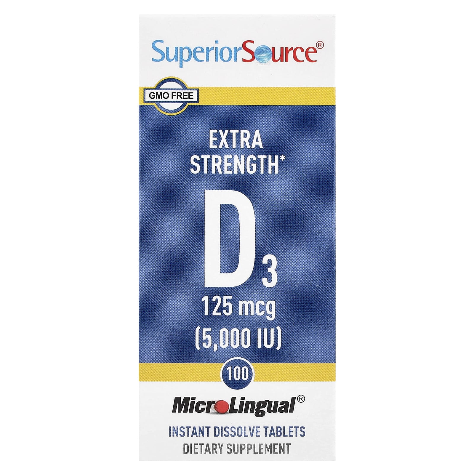 Superior Source, D3, Extra Strength, 125 mcg (5,000 IU), 100 MicroLingual® Instant Dissolve Tablets - Image 1