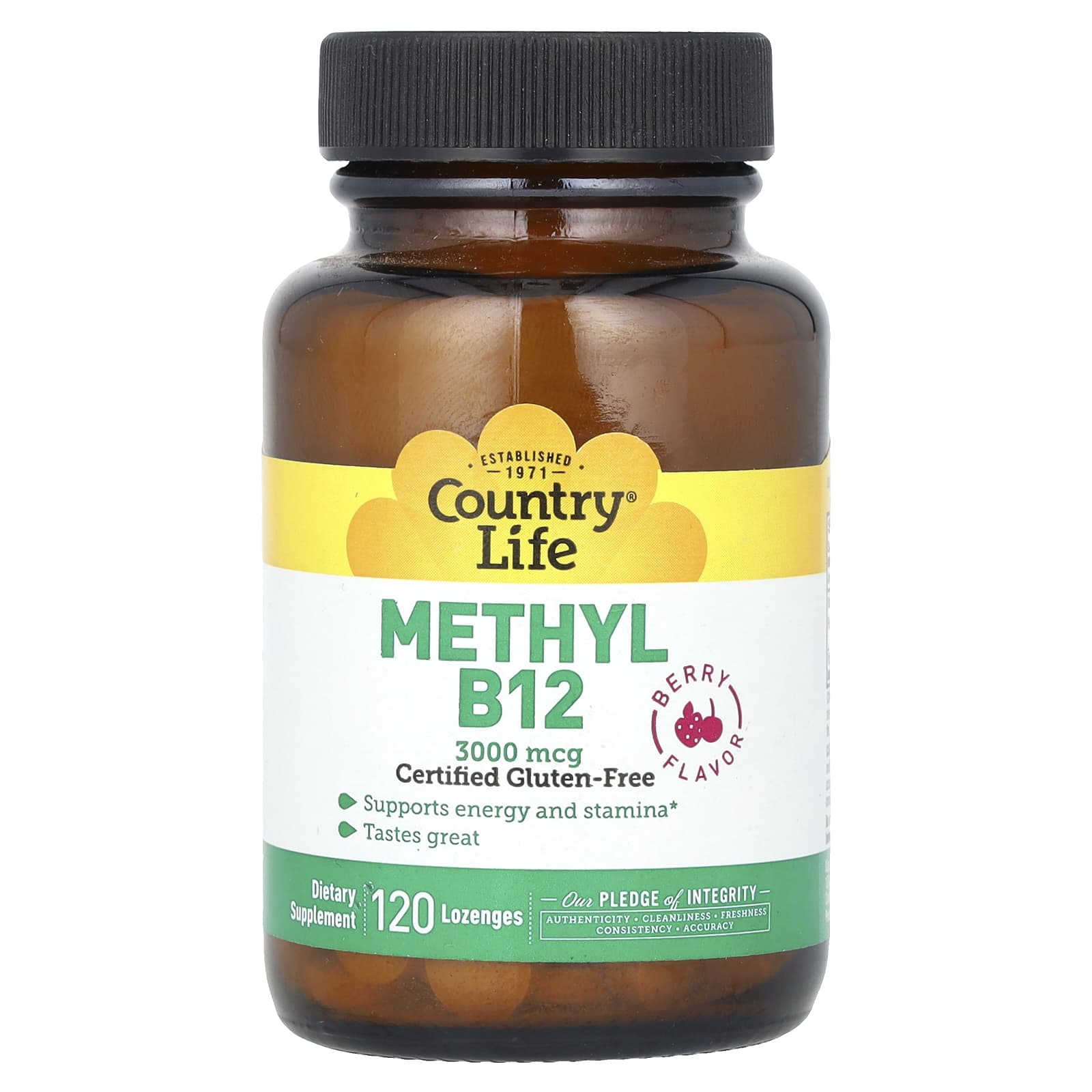 Country Life Methyl B12 Berry 3,000 mcg 120 Lozenges Vegan Energy Boost - Image 1