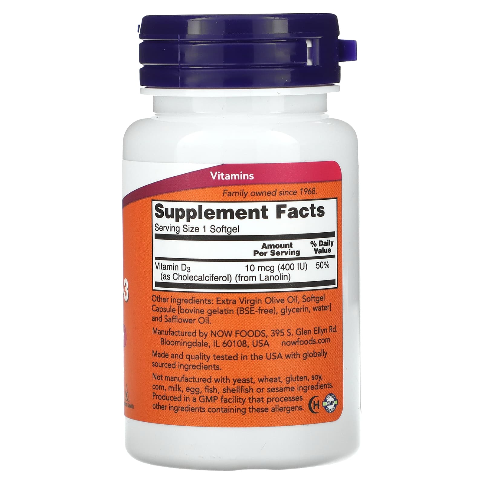 NOW Foods, Vitamin D-3, 400 IU, 180 Softgels - Image 2