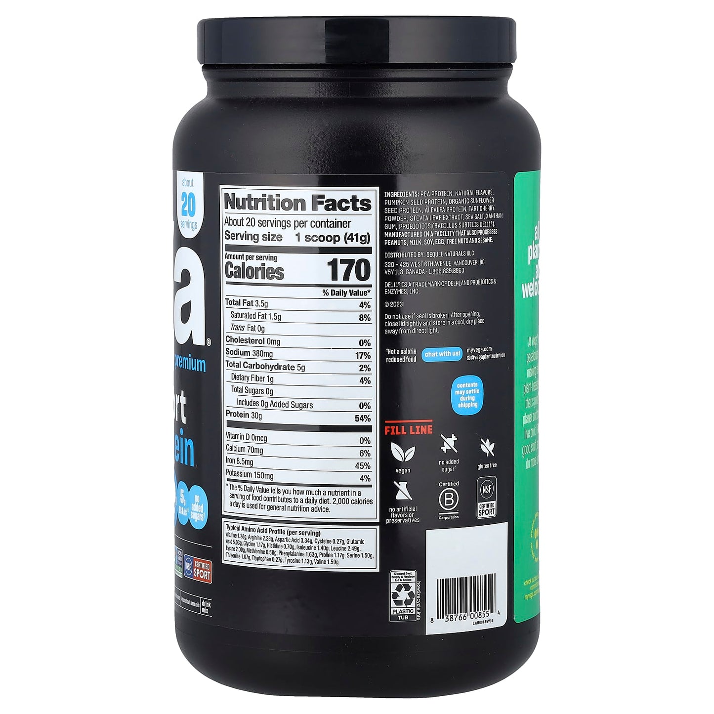 Vega, Premium, Plant-Based Sport Protein, Vanilla, 1 lb 13.2 oz (828 g) - Image 2