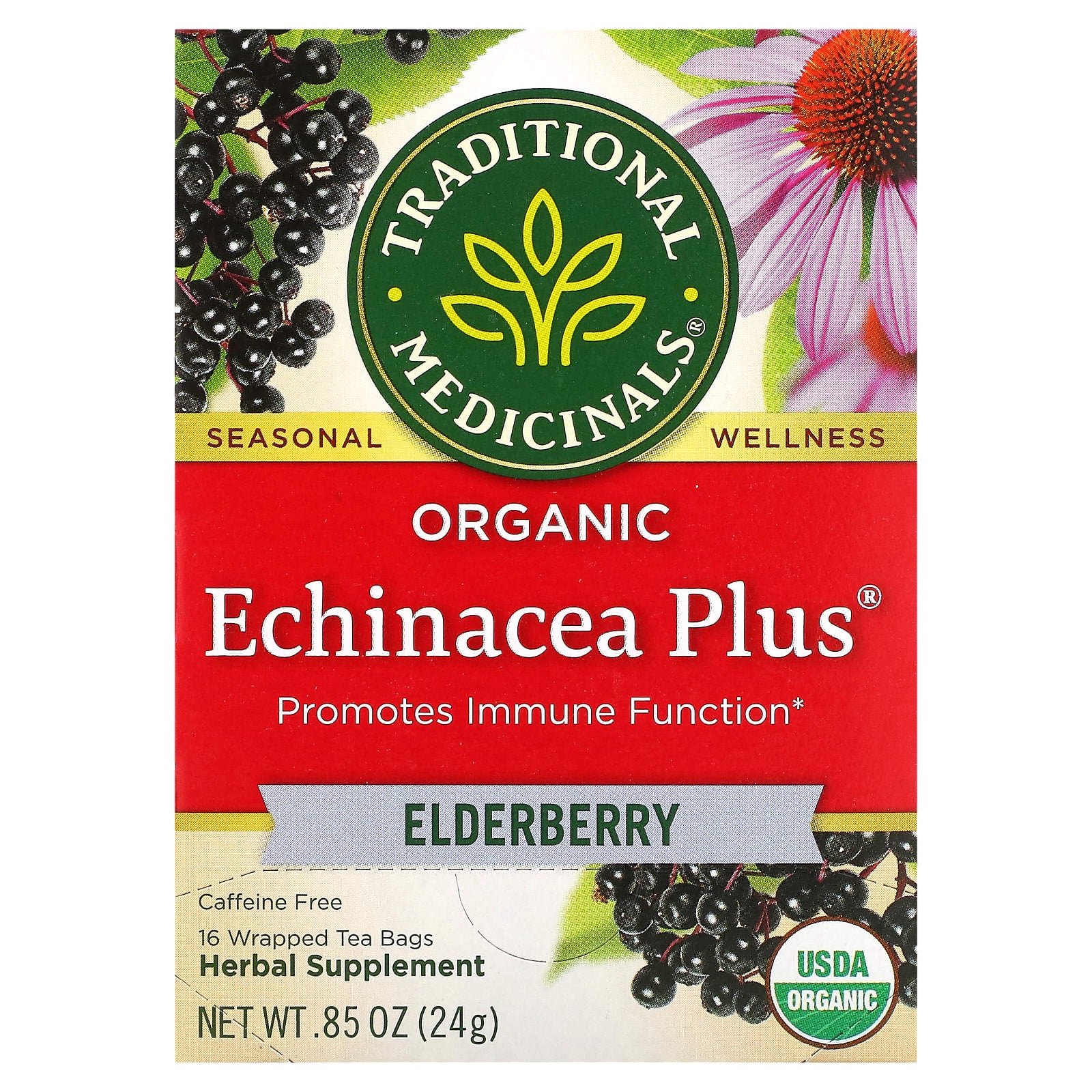 Traditional Medicinals, Organic Echinacea Plus, Elderberry, Caffeine Free, 16 Wrapped Tea Bags, 0.85 oz (24 g) - Image 1