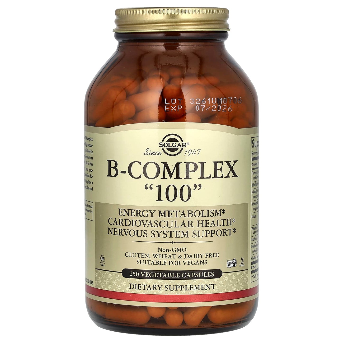 Solgar, B-Complex "100", 250 Vegetable Capsules - Image 1