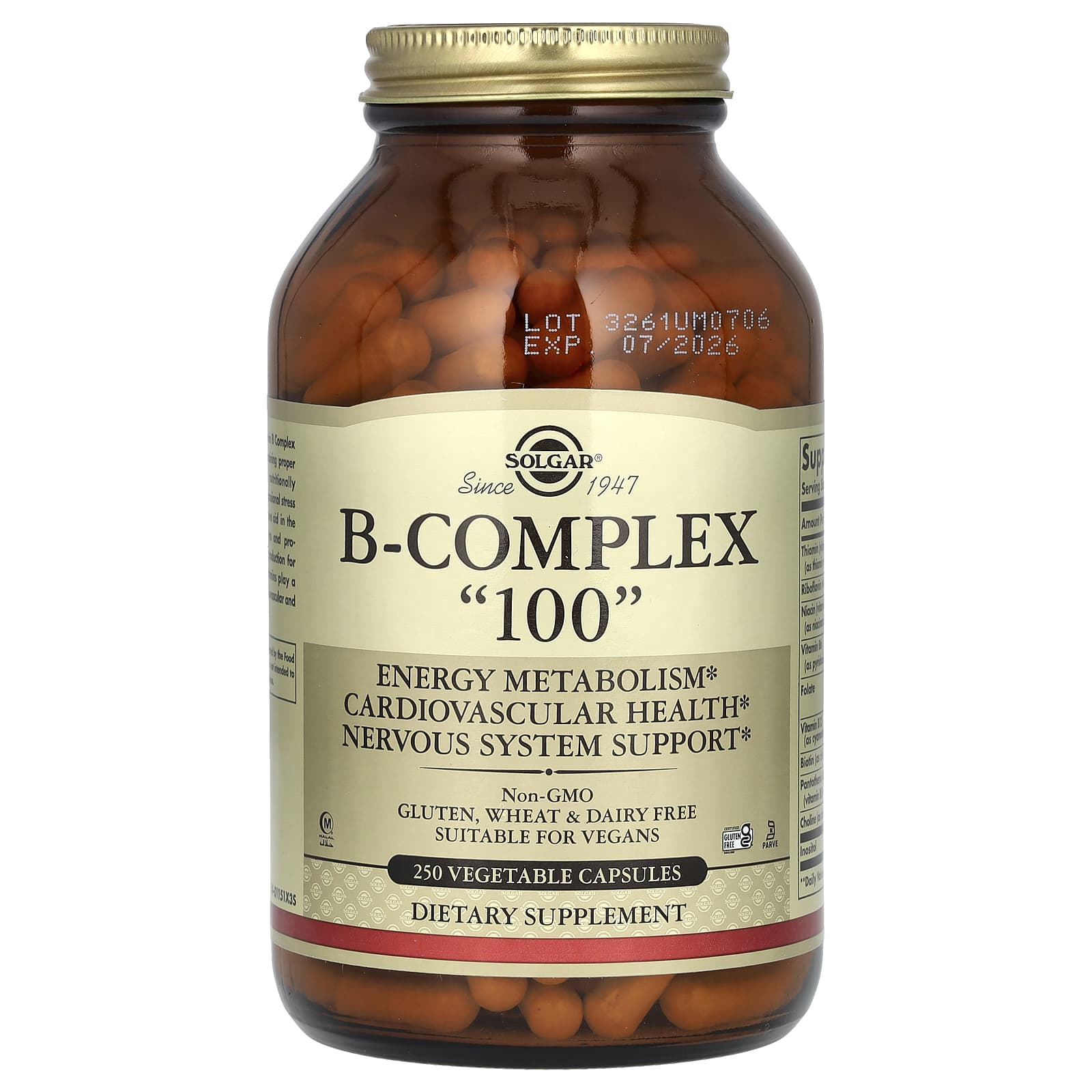 Solgar, B-Complex "100", 250 Vegetable Capsules - Image 1