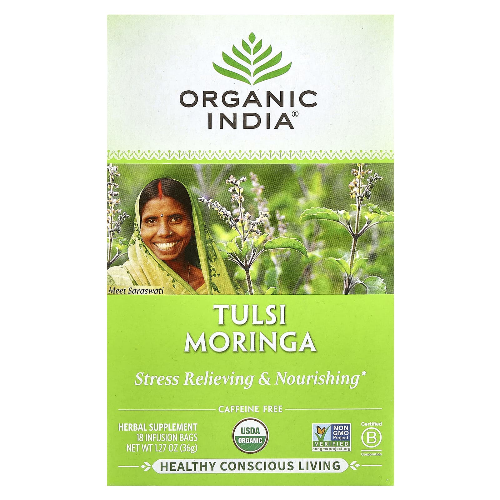 Organic India, Tea, Tulsi Moringa, Caffeine Free, 18 Infusion Bags, 1.27 oz (36 g) - Image 1