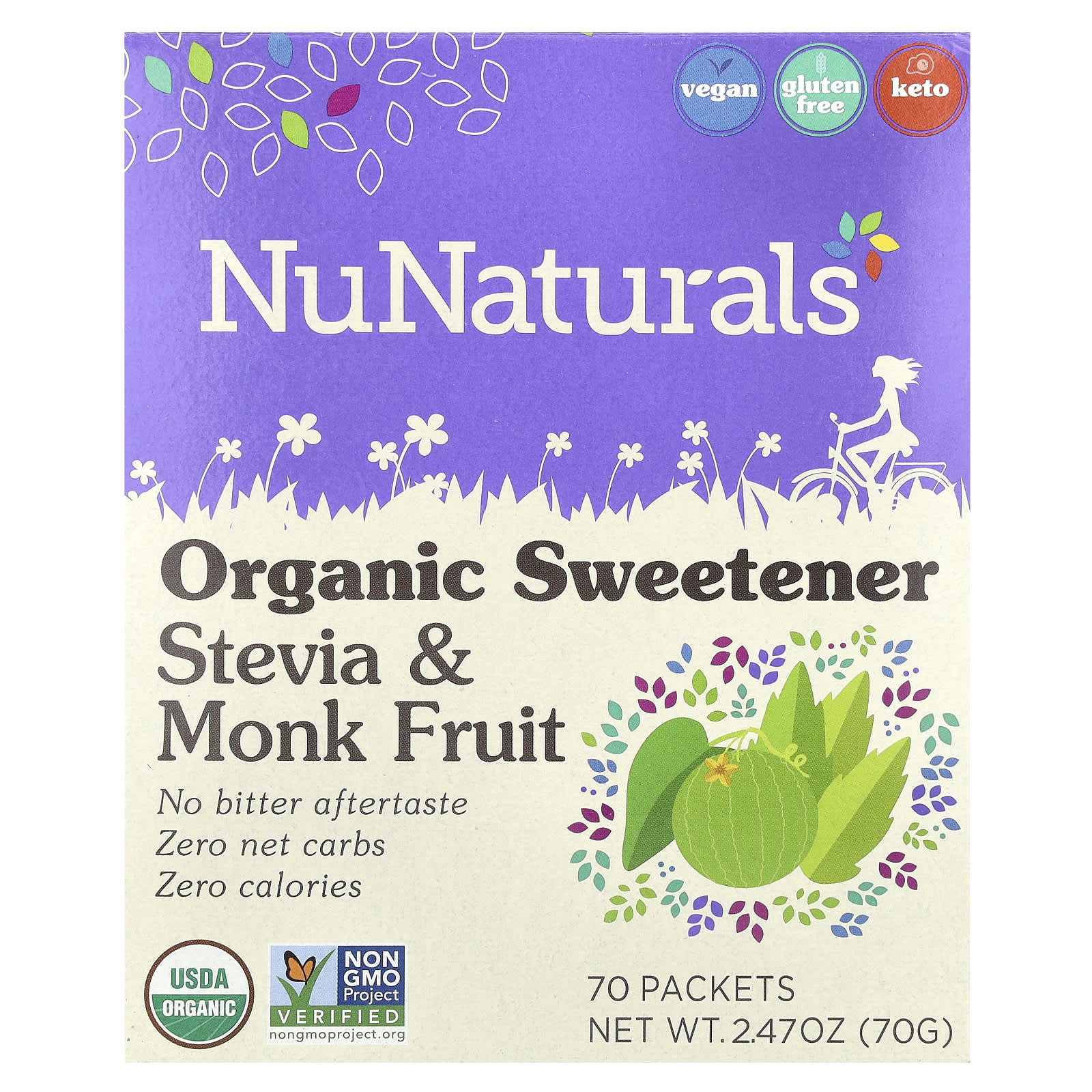 NuNaturals, Organic Sweetener, Stevia & Monk Fruit, 70 Packets, 2.47 oz (70 g) - Image 1