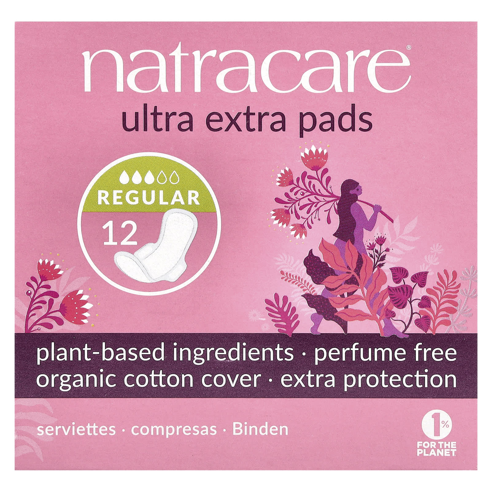 Natracare, Ultra Extra Pads, Organic Cotton Cover, Regular, 12 Pads - Image 1