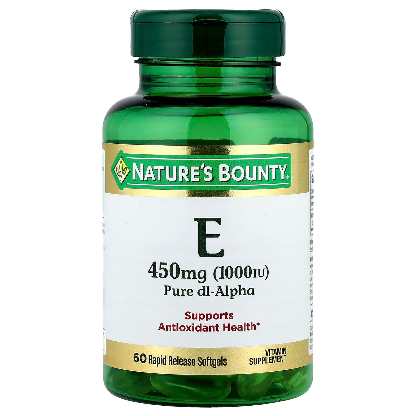 Nature's Bounty, Vitamin E, Pure Dl-Alpha, 450 mg (1,000 IU), 60 Rapid Release Softgels - Image 1