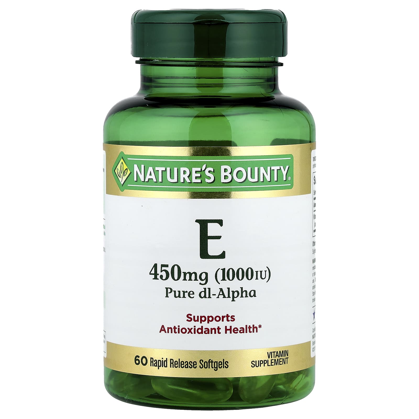 Nature's Bounty, Vitamin E, Pure Dl-Alpha, 450 mg (1,000 IU), 60 Rapid Release Softgels - Image 1