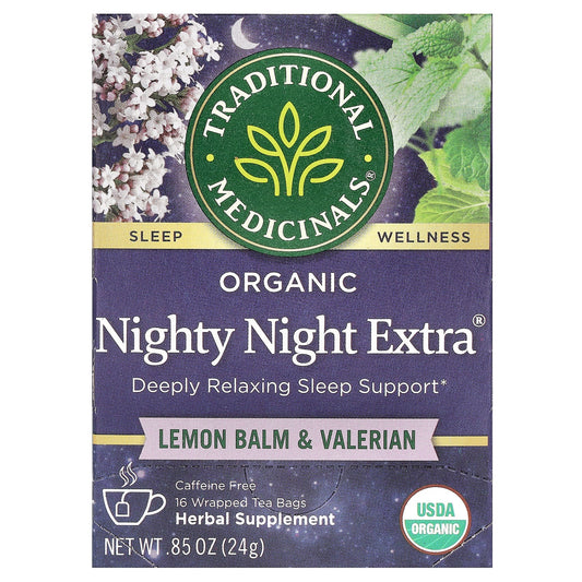Traditional Medicinals, Organic Nighty Night Extra, Lemon Balm & Valerian, Caffeine Free, 16 Wrapped Tea Bags, 0.85 oz (24 g) - Image 1