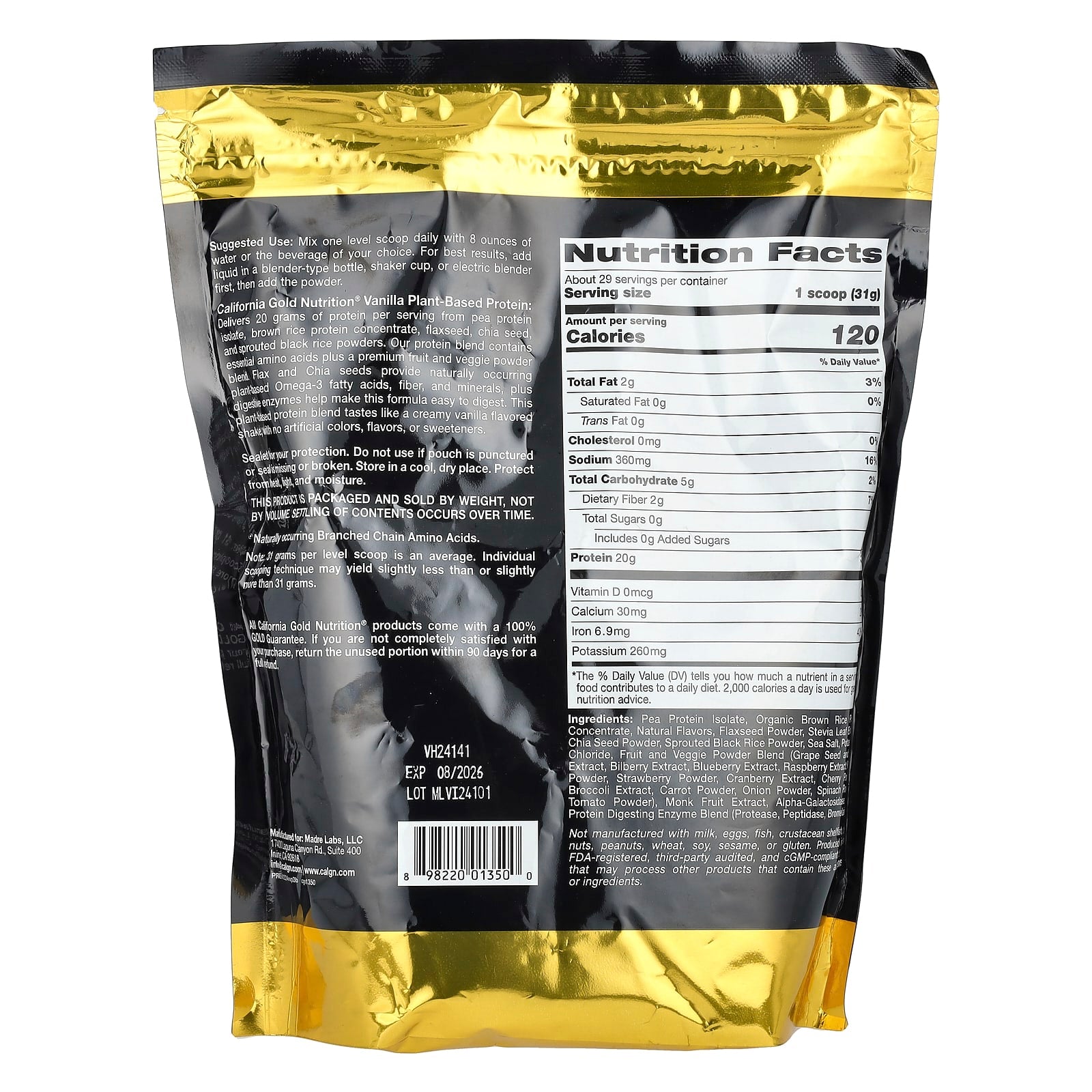 California Gold Nutrition Sport Vegan Protein with Pea Protein and Brown Rice, Vanilla, 2lb - Image 2