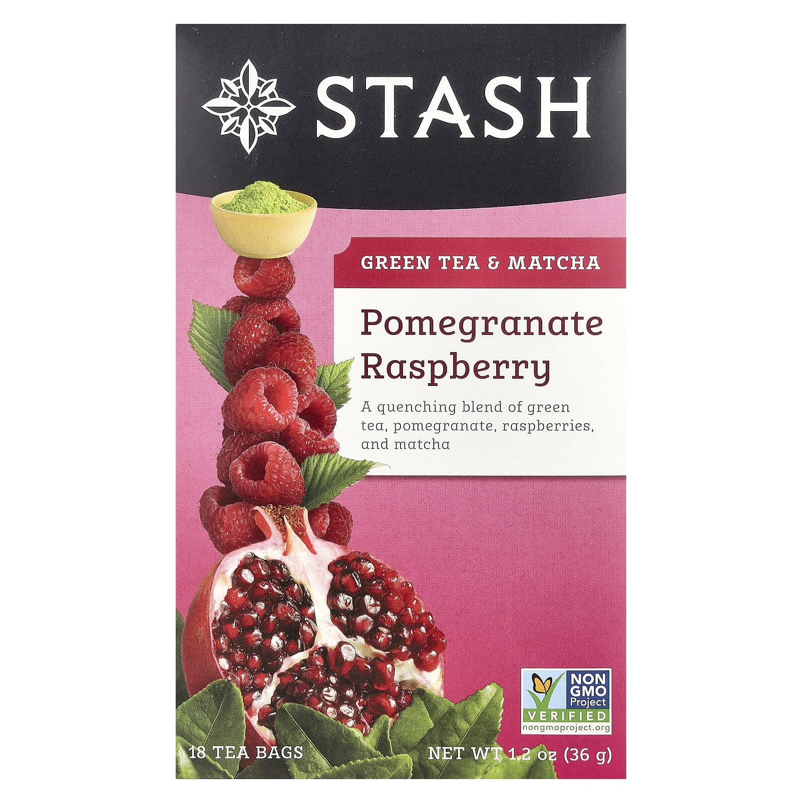 Stash Tea, Green Tea & Matcha, Pomegranate Raspberry, 18 Tea Bags, 1.2 oz (36 g) - Image 1