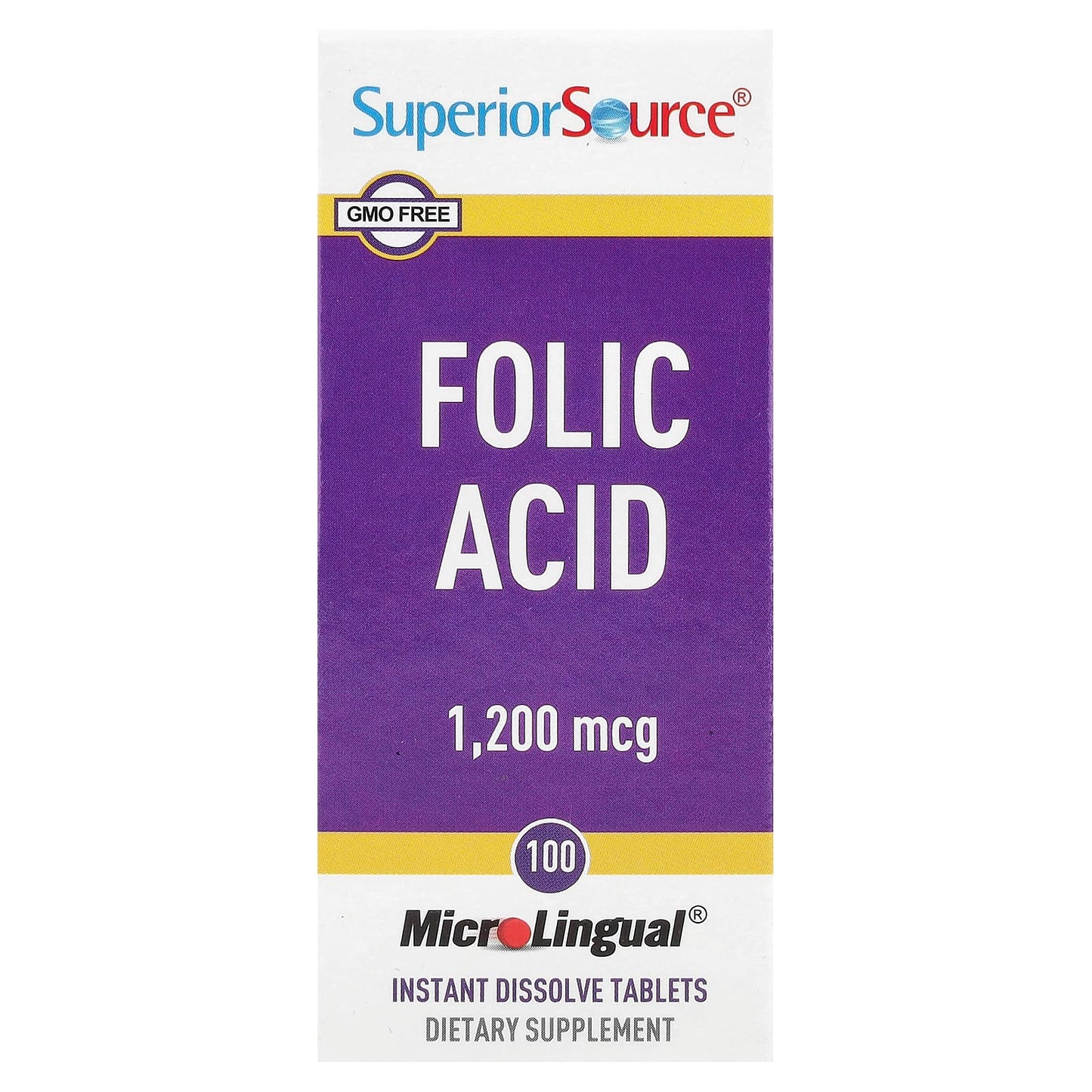 Superior Source, Folic Acid, 1,200 mcg, 100 MicroLingual® Instant Dissolve Tablets - Image 1
