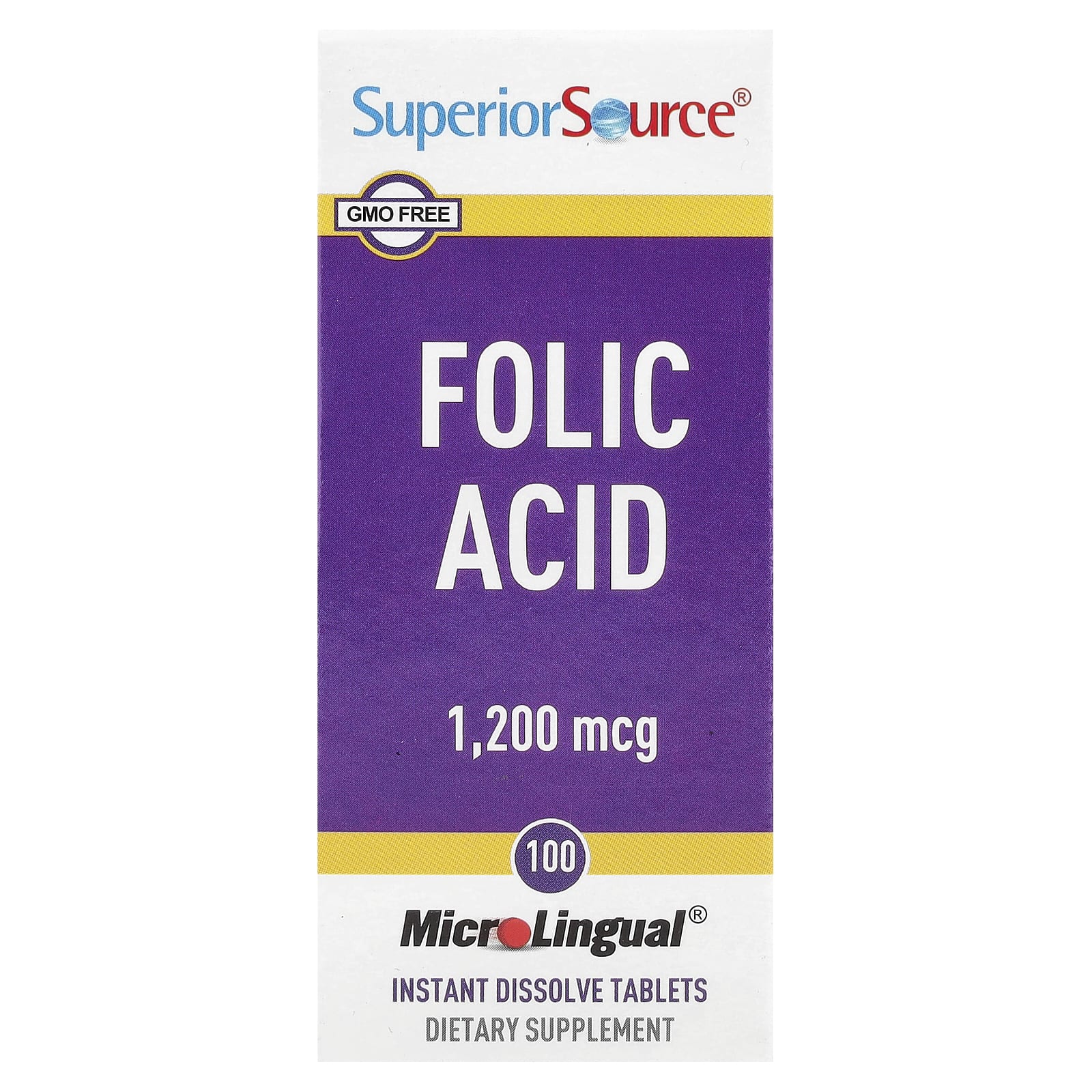Superior Source, Folic Acid, 1,200 mcg, 100 MicroLingual® Instant Dissolve Tablets - Image 1