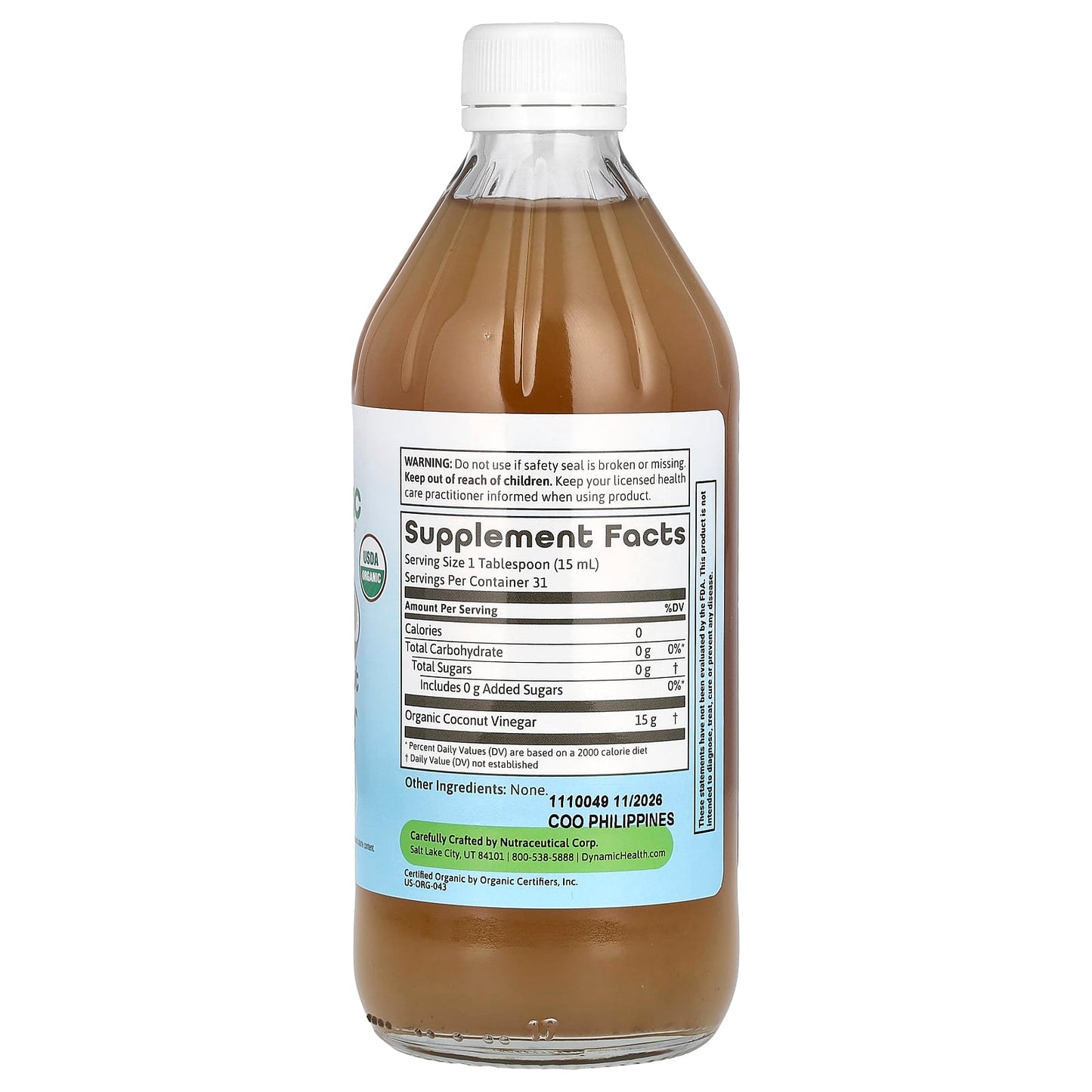 Dynamic Health Coconut Vinegar with Mother, USDA Organic - 473ml - Image 2