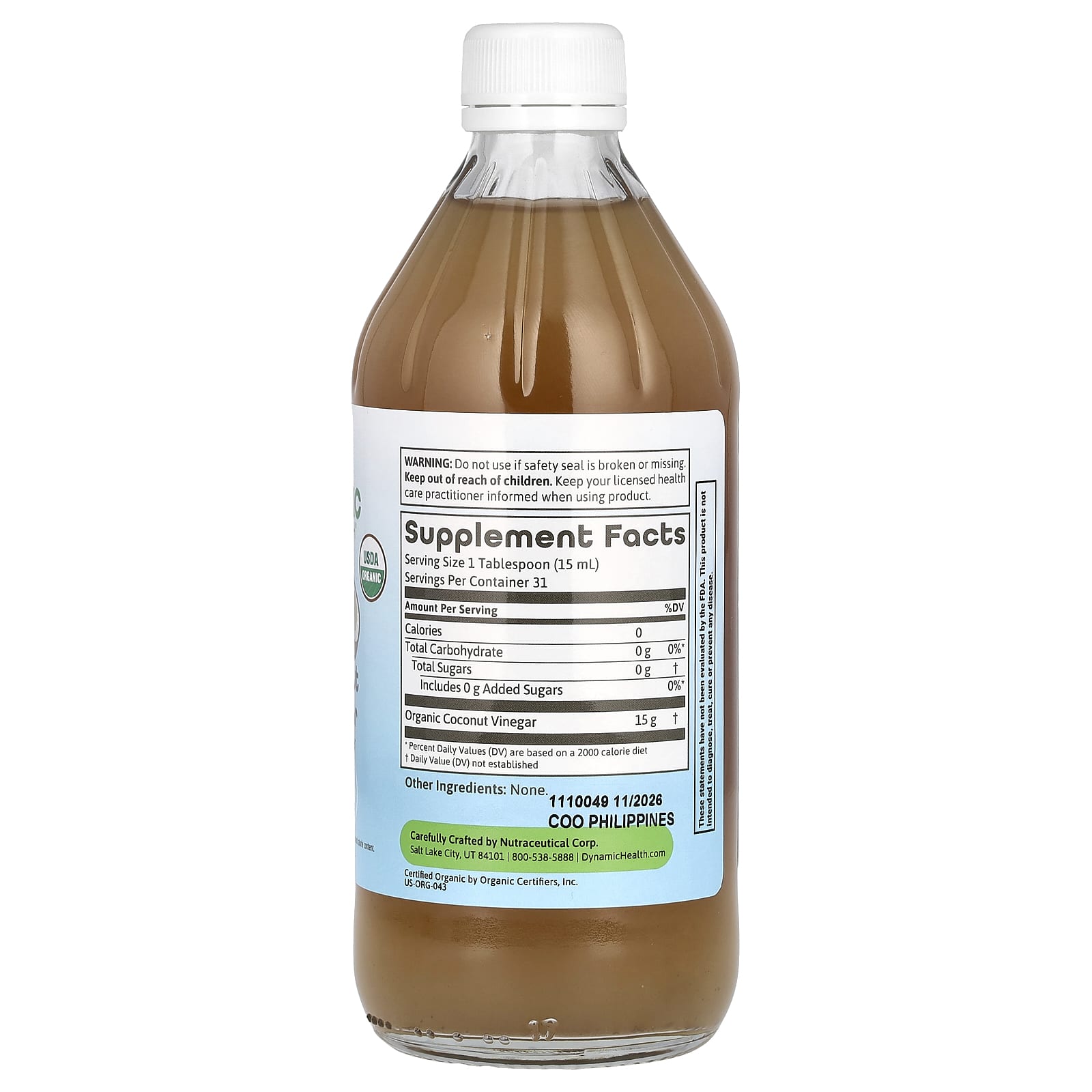 Dynamic Health Coconut Vinegar with Mother, USDA Organic - 473ml - Image 2