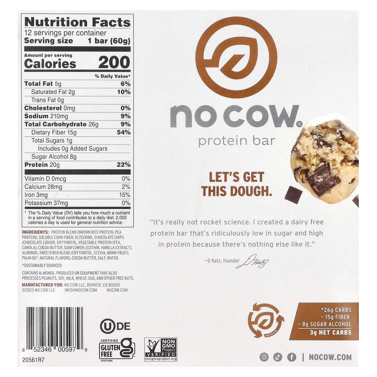No Cow, Protein Bar, Chocolate Chip Cookie Dough, 12 Bars, 2.12 oz (60 g) Each - Image 2