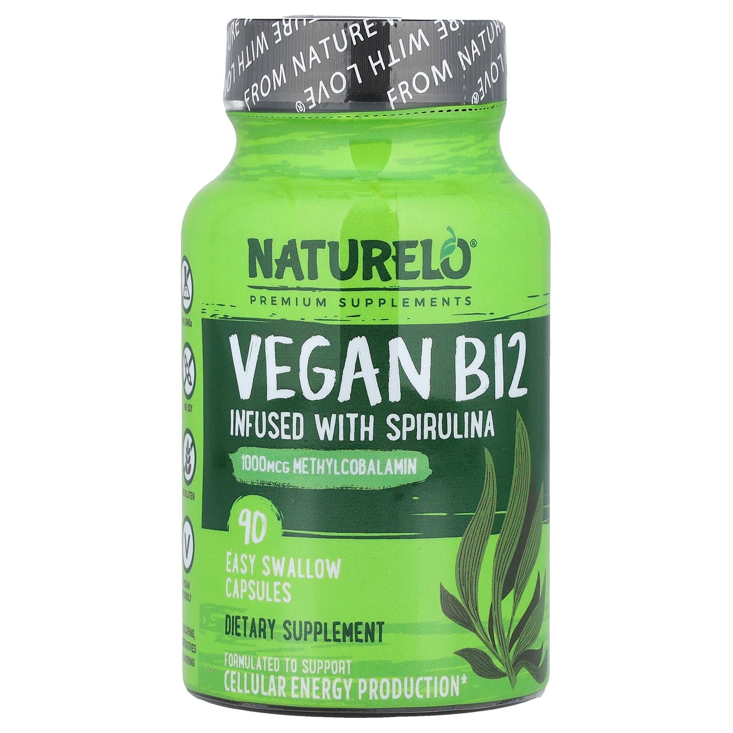 NATURELO, Vegan B12 Infused with Spirulina, 90 Easy Swallow Capsules - Image 1