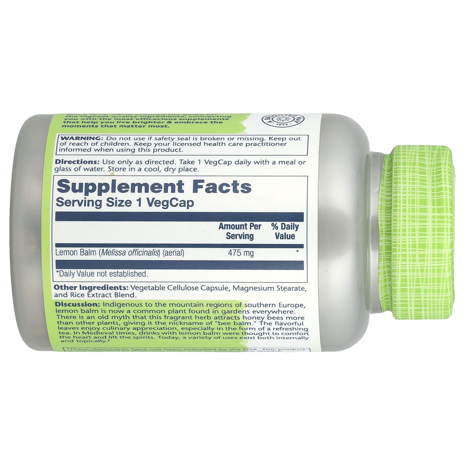 Solaray, True Herbs, Lemon Balm, 475 mg, 100 VegCaps - Image 2