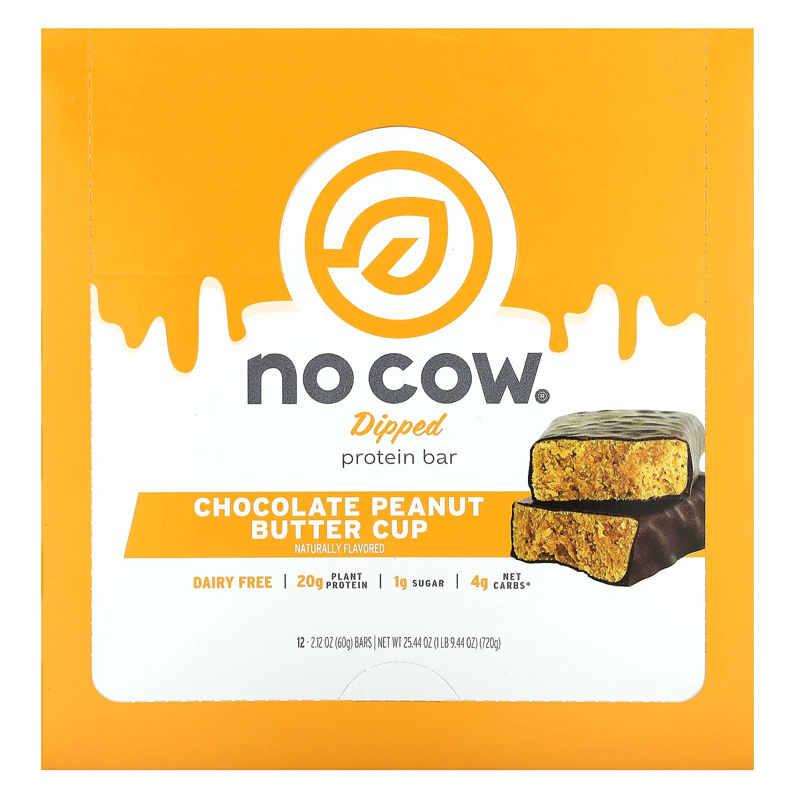 No Cow, Dipped Protein Bar, Chocolate Peanut Butter Cup, 12 Bars, 2.12 oz (60 g) Each - Image 1